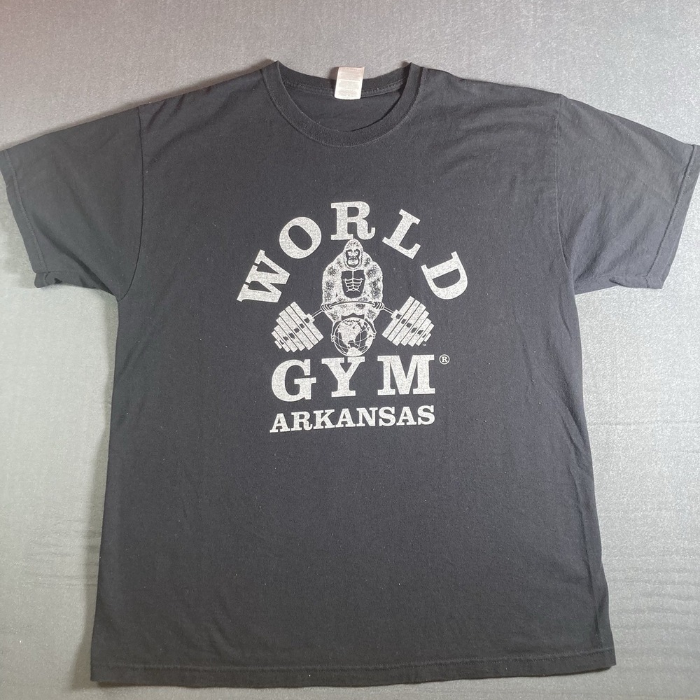Vintage World Gym Arkansas Shirt Mens XL Black 90s Weight Lifting Workout